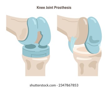 Joint implantation. Injured or distracted human joint replaced with artificial prosthesis made of titanium. Osteoporosis and osteoarthritis treatment surgery. Flat vector illustration