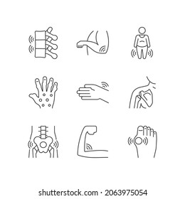 Joint Inflammation Linear Icons Set. Rheumatoid Arthritis. Muscle Weakness. Swelling In Ligaments. Customizable Thin Line Contour Symbols. Isolated Vector Outline Illustrations. Editable Stroke
