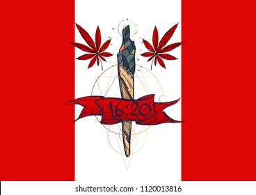 Joint on the background of the Canadian flag. Legalization of marijuana.