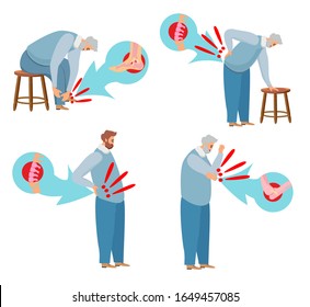 Joint pain. Ankle, back pain and lower back, elbow pain. human body pain flat design set. Vector flat cartoon concept illustration of men character design icon. Isolated on white background.