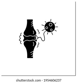 Joint pain glyph icon.Covid molecule attacking joints.Concept of corona virus disease system health effects, arthritis and high fever symptoms.Filled flat sign. Isolated silhouette vector illustration