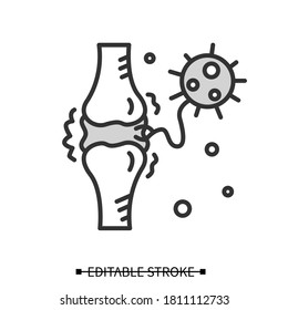 Joint pain icon. Covid molecule attacking joints linear pictogram. Concept of coronavirus disease system health effects, arthritis and high fever symptoms. Editable stroke vector illustration