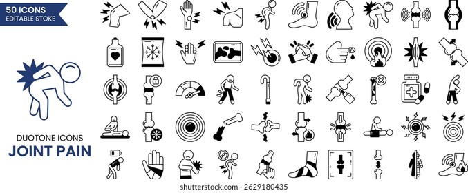 Joint Pain icon set in duotone style. Human joints, knees, hands, pain in limbs and more. Vector illustration