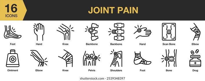 Joint Pain icon set. Includes back bone, hand, foot, knee, elbow and More. Outline icons vector collection.