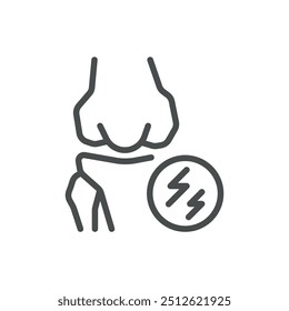 Ícone De Dor Articular. Ilustração de linha simples de um joelho com símbolo de dor, representando artrite, articulações machucadas e problemas de saúde óssea.