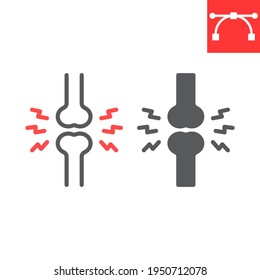 Joint pain line and glyph icon, osteoporosis and arthritis, bone pain vector icon, vector graphics, editable stroke outline sign, eps 10