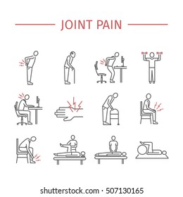 Joint pain. Line icons set. Vector signs for web graphics.