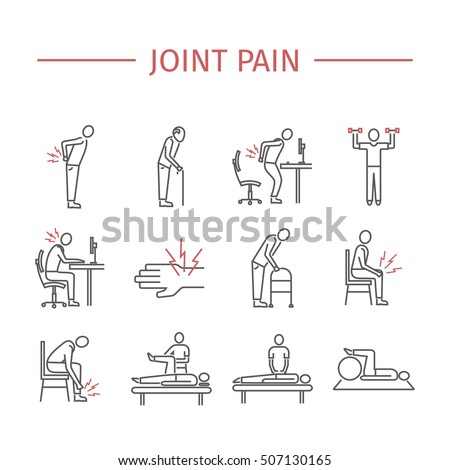 Joint pain. Line icons set. Vector signs for web graphics.