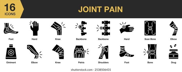 Conjunto de ícones sólidos de dor articular. Inclui backbone, osso, droga, cotovelo, pé e muito mais. Coleção vetorial de ícones sólidos.