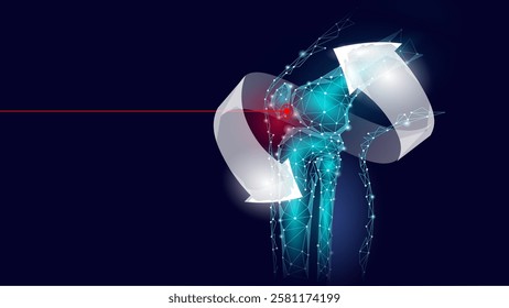 Joint pain treatment illustration. Knee injury highlighted red. Medical technology poster design. Low poly art dark blue background