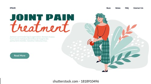 Joint Pain Treatment Web Banner Template With Cartoon Character Of Woman Having Pain In Knee Joint, Flat Vector Illustration. Sickness Of Human Musculoskeletal System.