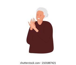 Joint pain. Woman holding her wrist. Suffering from wrist pain. Mature lady holding elbow. Old lady with hand trauma, osteoporosis, rheumatism, hand Numbness. Flat vector illustration Physical injury.