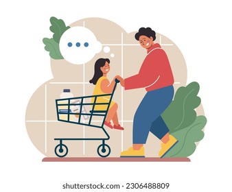 Joint parenting. Divorced spouses raising a child together. Dad and daughter spending time together, shopping for groceries. Family communication and happiness. Flat vector