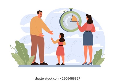 Joint parenting. Divorced spouses raising a child together. Kid spending time with father after a family separation. Flat vector illustration