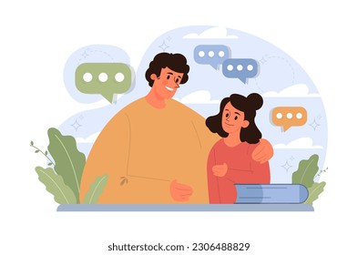 Joint parenting. Divorced spouses raising a child together. Kid spending time with father after a family separation. Flat vector illustration