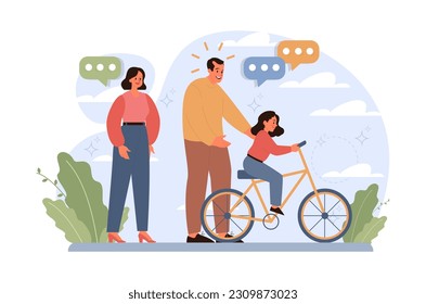 Joint parenting. Divorced spouses raising a daughter together after a family separation. Little girl learning to ride a bicycle. Happy childhood and positive parenting. Flat vector illustration