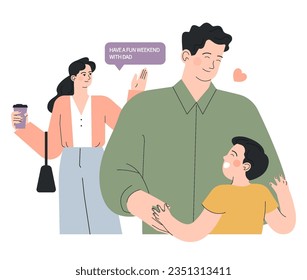 Joint parenting. Divorced spouses raising a child together. Kid spending time with father after a family separation. Flat vector illustration