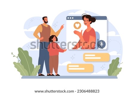 Joint parenting. Divorced spouses raising a child together. Close relationships and communication by the video call with mother after a family separation. Flat vector illustration