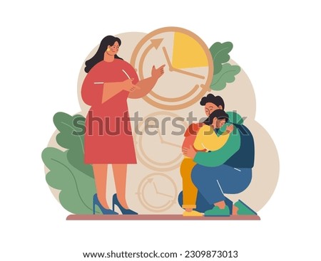 Joint parenting. Divorced spouses raising a child together. Kid spending time with father after a family separation. Flat vector illustration