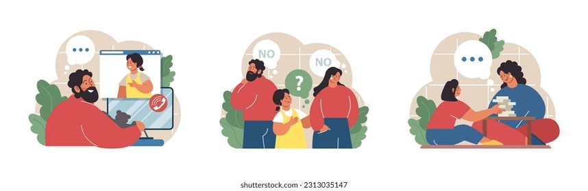 Conjunto de padres. Cónyuges divorciados que crían juntos a un hijo. La custodia física conjunta y las relaciones estrechas con ambos progenitores después de la separación de la familia. Ilustración vectorial plana