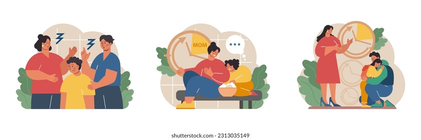 Joint parenting set. Divorced spouses raising a child together. Joint physical custody and close relationships with both parents after a family separation. Flat vector illustration