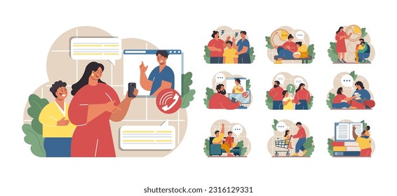Joint parenting set. Divorced spouses raising a child together. Joint physical custody and close relationships with both parents after a family separation. Flat vector illustration