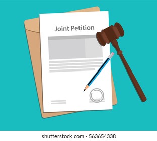 joint petition concept illustration with paperworks, pen and a judge hammer 