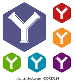 Joint pipe in form Y letter icons set hexagon isolated vector illustration