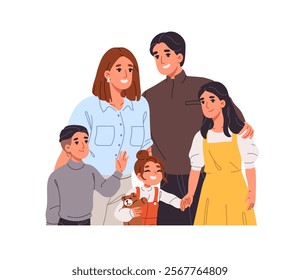 Joint portrait of happy family with little siblings. Laughing parents and smiling kids stand together. Mother, father and children cuddle, posing. Flat isolated vector illustration on white background