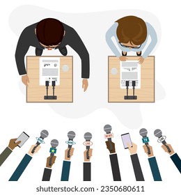 Joint press conference. Hands of different journalists hold microphones. Press release. Cartoon politicians speaks, humans characters. Design isolated on white. Top view. Flat vector illustration