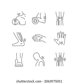 Joint problems linear icons set. Muscle aches. Tendons stiffness. Ligament sprain. Arthritis symptoms. Customizable thin line contour symbols. Isolated vector outline illustrations. Editable stroke