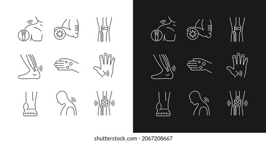 Joint problems linear icons set for dark and light mode. Muscle aches. Tendons stiffness. Arthritis symptoms. Customizable thin line symbols. Isolated vector outline illustrations. Editable stroke