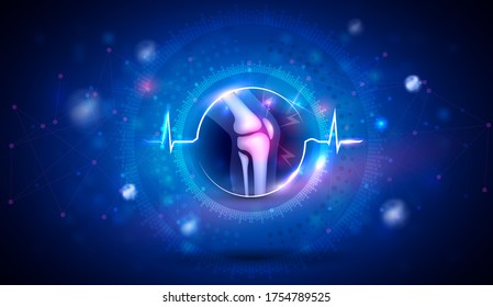 Joint problems and treatment concept, knee joint anatomy inside the abstract cardiogram shape on a beautiful blue background with triangles and glow.