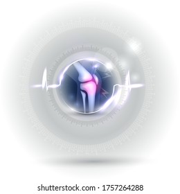 Problemas articulares y concepto de tratamiento, anatomía de articulaciones de rodilla dentro de la forma cardiográfica abstracta sobre un hermoso fondo luminoso con brillo.