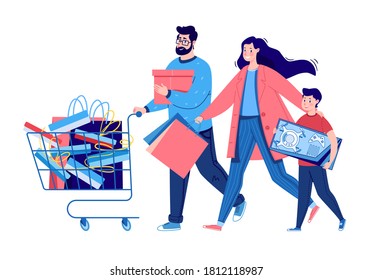 Joint purchases. Family shopping process. People placing boxes into the cart. Full basket with gifts. Vector flat cartoon illustration.