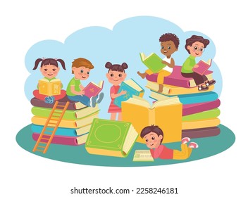 Joint reading books. Young readers among large volumes. Children learning. School education. Smart kids togetherness. Girls and boys in library. Literature study