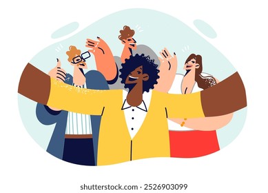 Joint selfie of business team of happy people enjoying opportunity to make career in startup. Multiracial men and women posing for selfie photo and waving hands or showing thumbs up