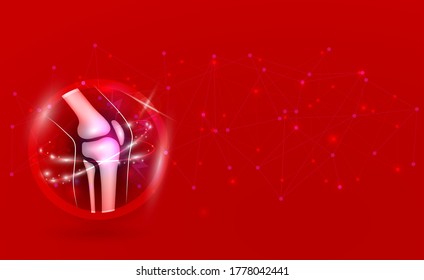 Joint side view anatomy illustration, abstract treatment and healing icon on a bright red background with glowing lines.