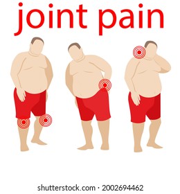 Joint And Spine Pain Concept. A Fat Obese Man Suffers From Pain In The Knees, Back, Lower Back, Neck. Obesity And Health Environments. The Fat Patient Is Sick. Stock Vector Illustration Isolated.