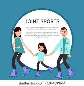 Joint sports poster with frame for text in circle parents and daughter roller skating together vector illustration skate on rollers, spending free time
