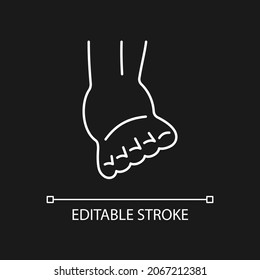 Joint sprain white linear icon for dark theme. Ankle ligament tearing. Sports injury. Muscle damage. Thin line customizable illustration. Isolated vector contour symbol for night mode. Editable stroke