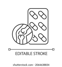 Joint support linear icon. Medication for better joint mobility and flexibility. Thin line customizable illustration. Contour symbol. Vector isolated outline drawing. Editable stroke