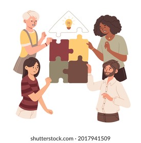 Joint teamwork, building business team abstract concept. Working multiracial characters, diverse people connecting puzzle pieces. Cooperation, business partnership metaphor. Flat vector illustration