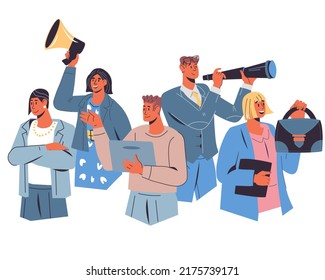 Joint teamwork and team building conceptual characters of successful highly qualified specialists, marketers and analysts, executors. Collaboration and business partnership, vector isolated on white