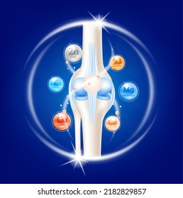 Joint treatment bone with Calcium, Magnesium, Vitamins, Copper and Zinc. Arthritis knee pain in leg. Medical healthcare skeleton x ray scan concept. Vector EPS10 illustration.