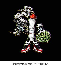 arma portadora de vectores conjuntos, bolsa de nug de maleza y marihuana de flor de brote de cannabis contundente y cara feliz