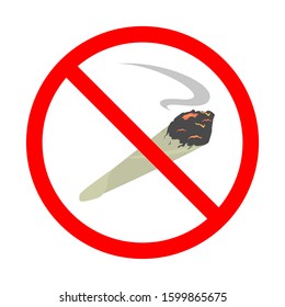 Joint vector isolated. Illegal cannabis narcotic. Marijuana smoking to get stoned. Rolled paper cigarette in the red prohibition sign. Smoking is forbidden.