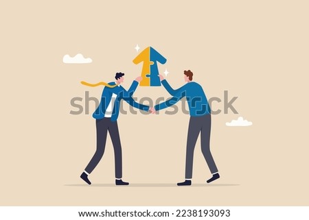 Joint venture business partnership agree to share resource and work together to achieve same goal, merge or acquisition, cooperation concept, businessman handshake connect growth arrow jigsaw puzzle.