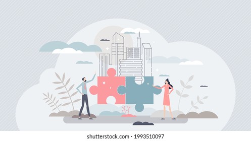 Joint venture collaboration strategy as business partnership for task tiny person concept. Putting together finances and resources for common goal as connected jigsaw puzzle pieces vector illustration