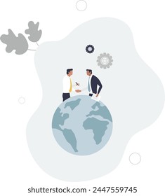 Joint venture. Collaboration.Business people shaking hand behind globe..flat vector illustration.